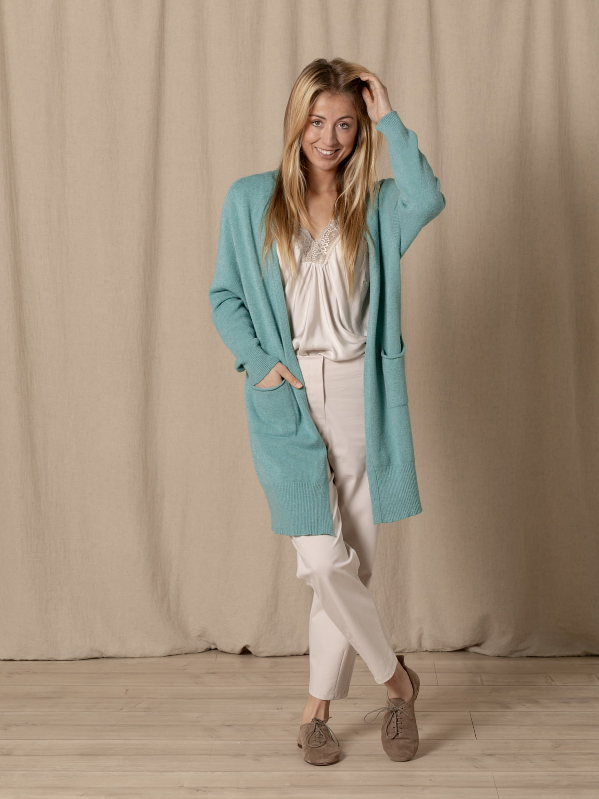 Long jacket with soft pockets  verde esmeralda colour