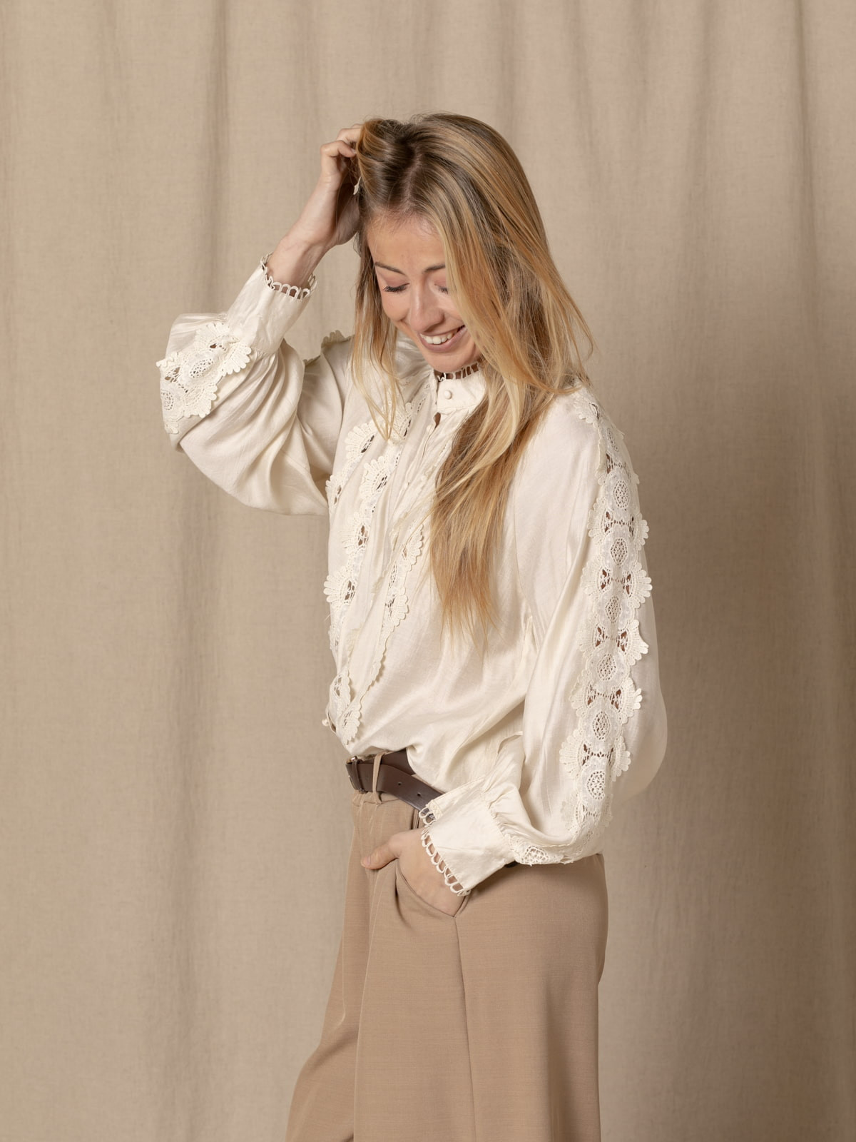 Oversized shirt with embroidered details  Beige colour