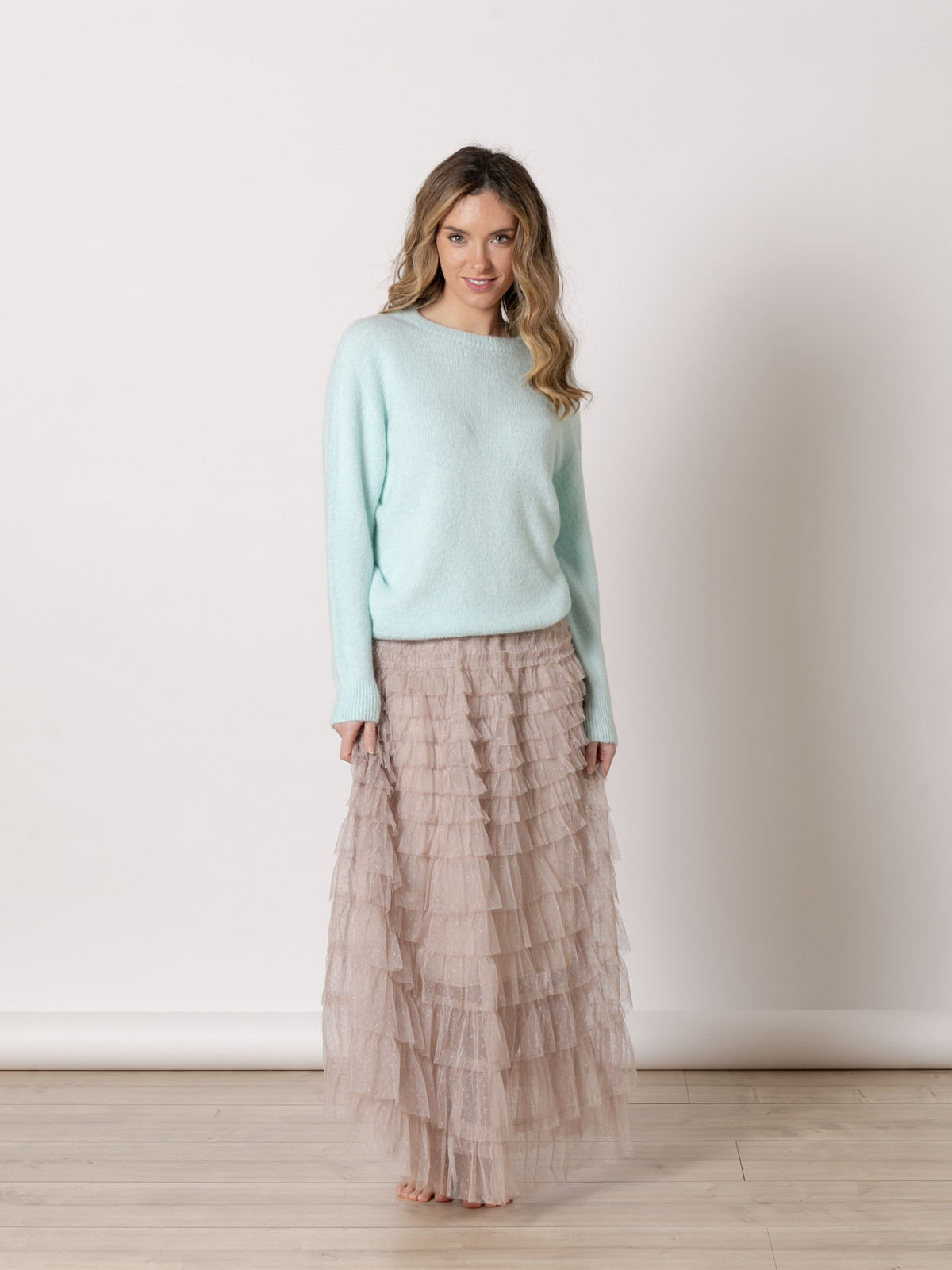 Long skirt with tulle ruffles  Taupe colour