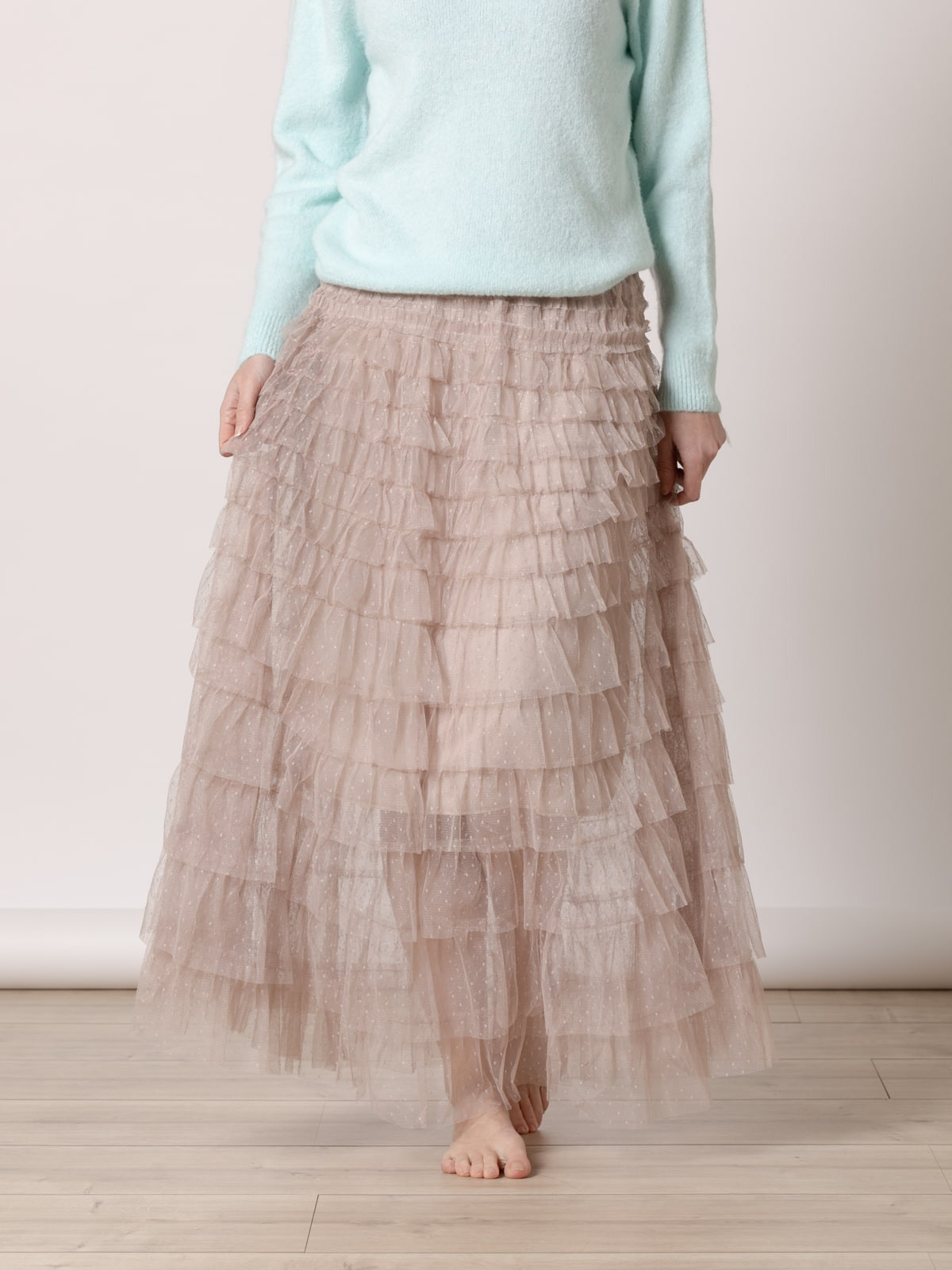 Long skirt with tulle ruffles  Taupe colour