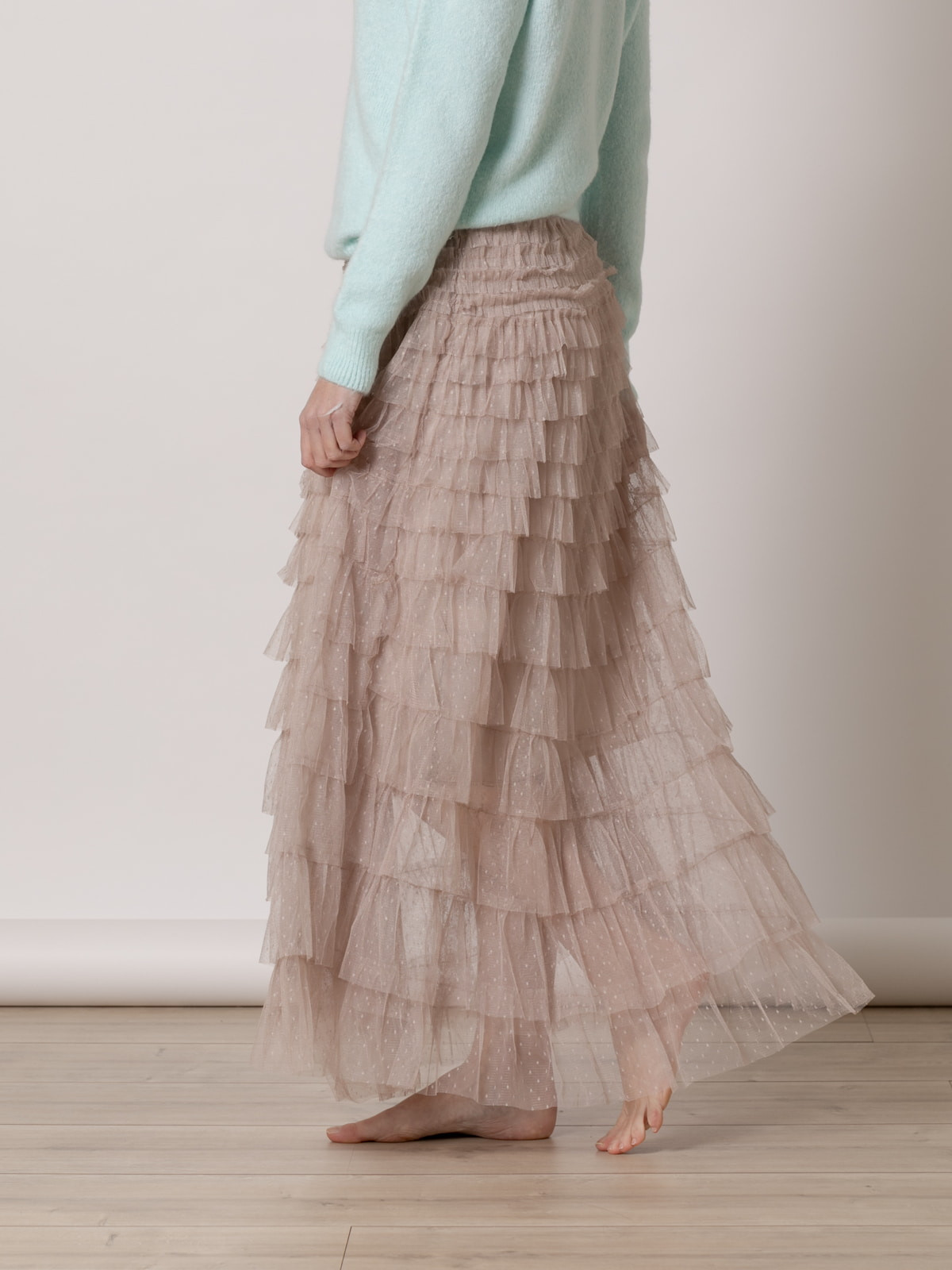 Long skirt with tulle ruffles  Taupe colour