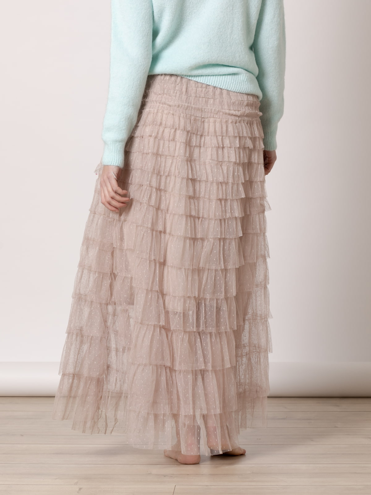 Long skirt with tulle ruffles  Taupe colour