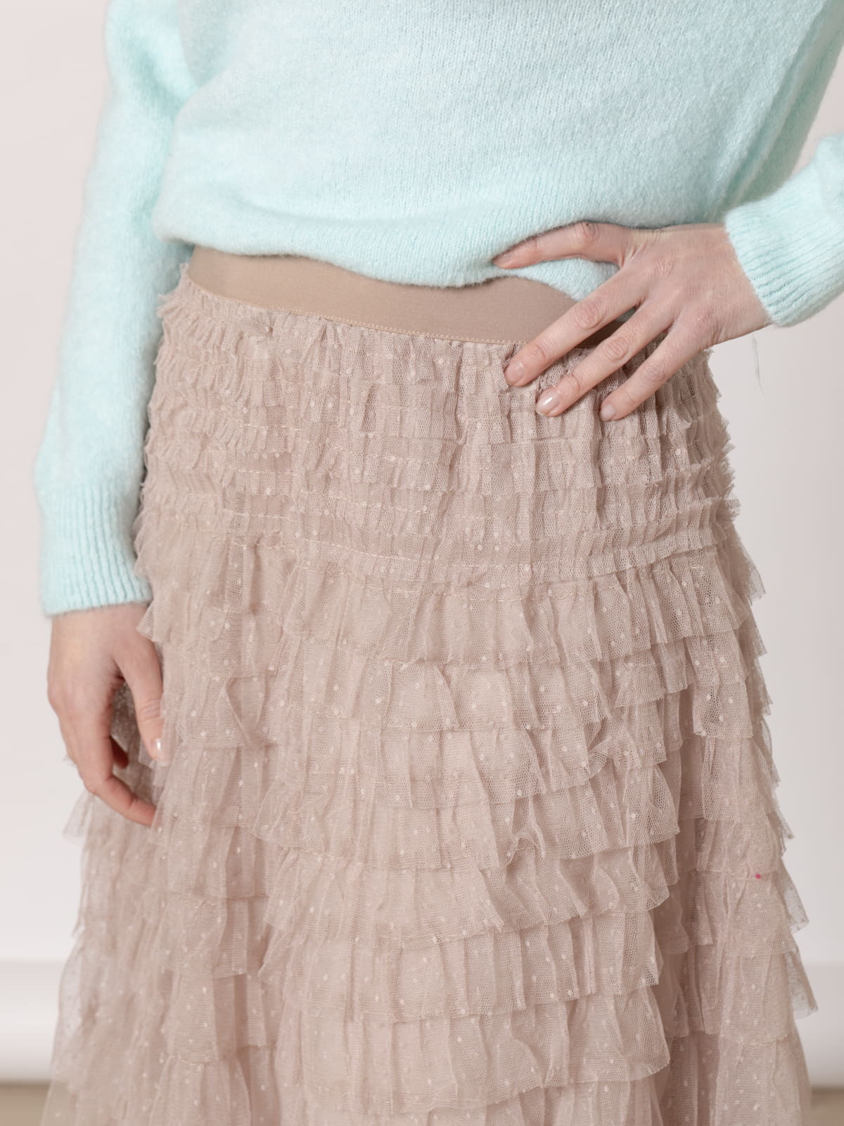 Long skirt with tulle ruffles  Taupe colour