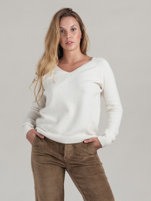 Jersey punto cuello pico detalle mujer Beige